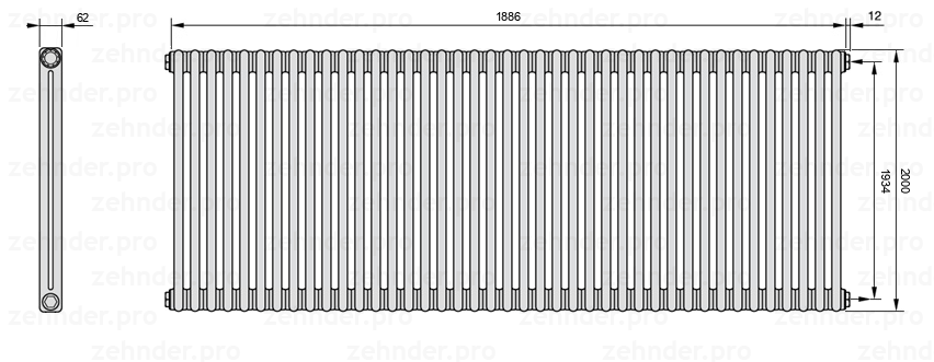 Схема (чертеж) Радиатор Zehnder Charleston 2200/41 №7610 Белый глянцевый RAL 9016